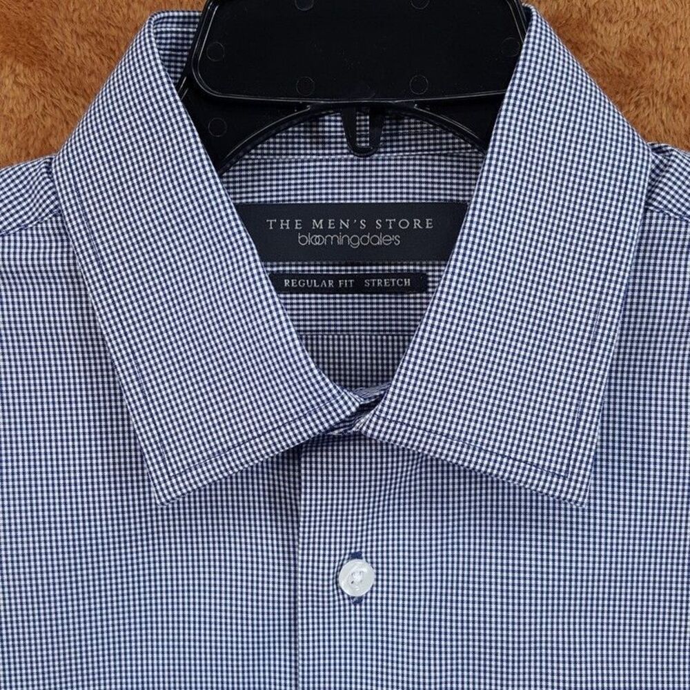BLOOMINGDALES Dress Shirt Mens 15 32 33 Blue Micro Check Regular Fit Stretch